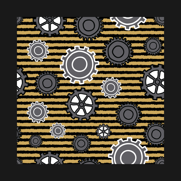 Modern Gears on Yellow and Black striped background by counterclockwise