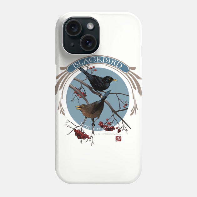 Blackbirds courting in a rowan tree Phone Case by Birds by D.H. Kafton Studio