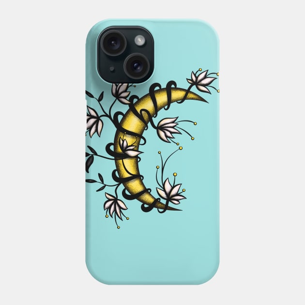 Crescent Moon Wrapped In Flowers Tattoo Style Phone Case by Boriana Giormova
