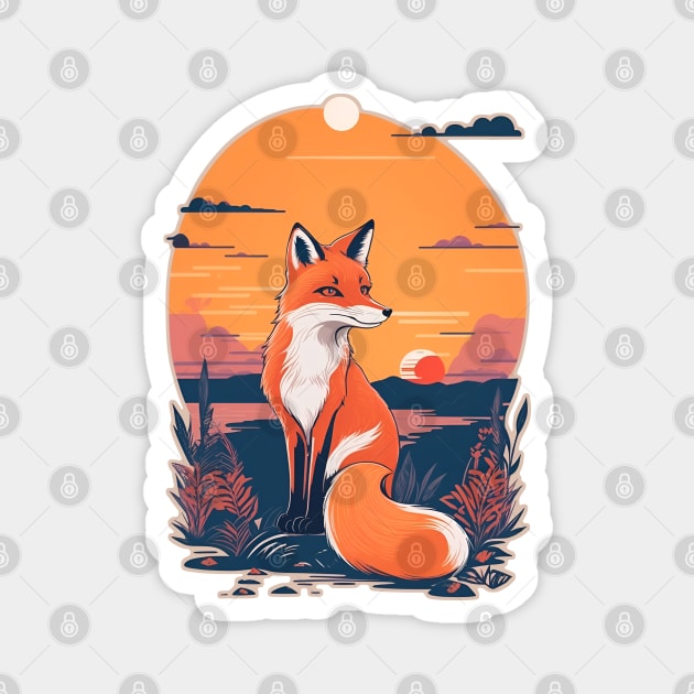 Sunset Fox: Graceful Wildlife Beneath the Setting Sun Magnet by Orange-C