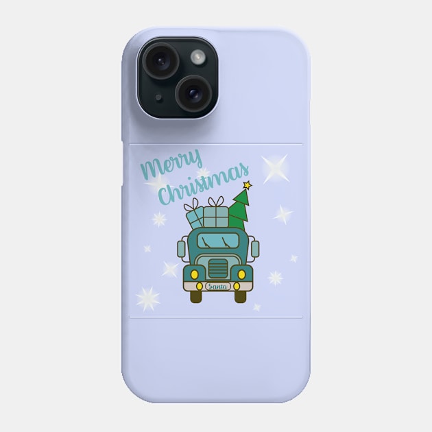 Greeting card with lettering front of blue Santa’s truck, presents and Christmas tree Phone Case by Cute-Design