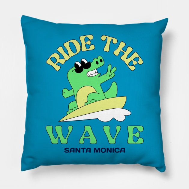 Ride The Wave Santa Monica Surfer Surfing Surfers Catching Waves Pillow by Tip Top Tee's