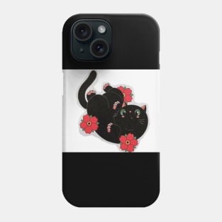 Gato negro jugando con rosas Phone Case