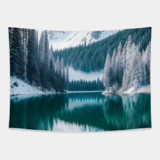 A pristine alpine lake nestled in the heart of snow-capped mountains. Tapestry