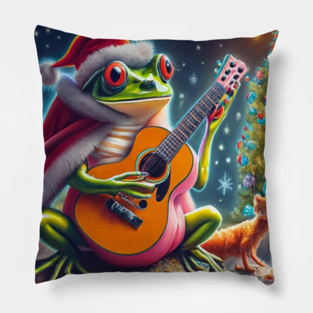 Christmas tree ugly frog playing guitar Pillow by Catbrat