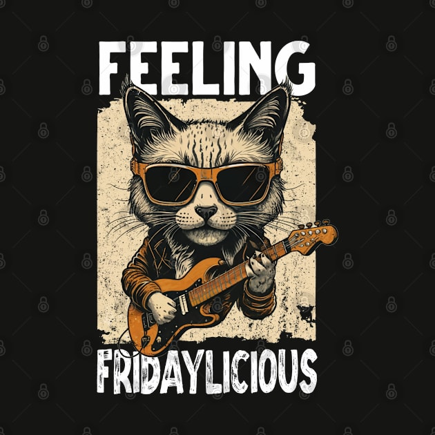 Rock Cat Playing Guitar feeling fridaylicious Funny Meme Tee by NIKA13