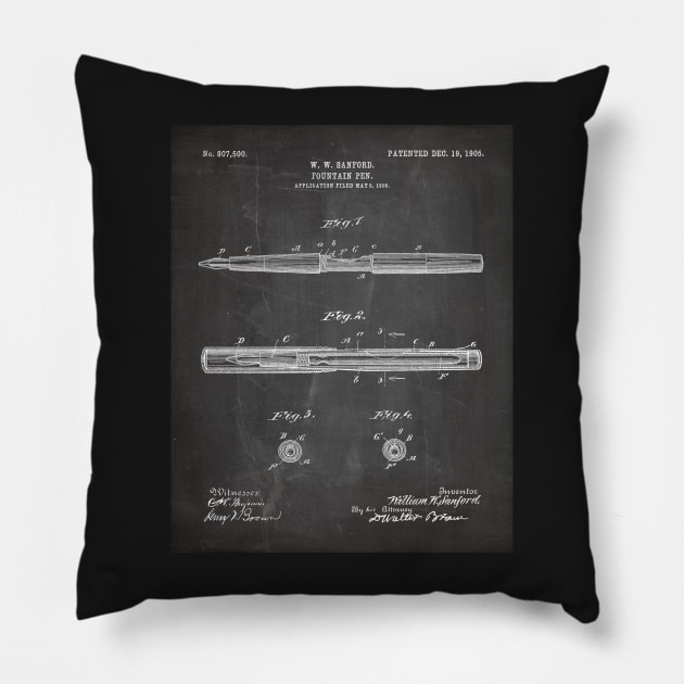 Fountain Pen Patent - Writer Editor Home Office Décor Art - Black Chalkboard Pillow by patentpress