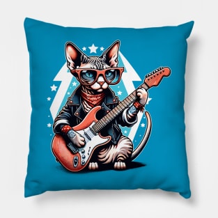 Devon Rex Cat Playing Guitar Pillow