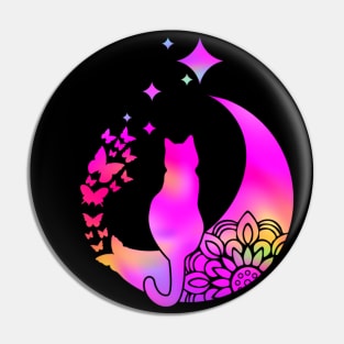 Hot Pink Holographic Rainbow Cat On A Mandala Moon With Butterflies: Hippie Vibe Pin