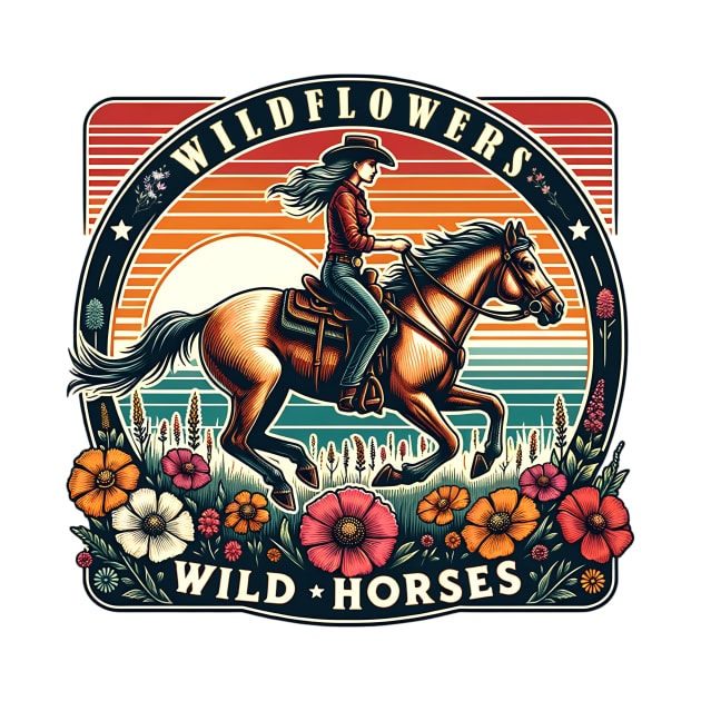 Wildflowers & Wild Horses Retro Western Cowgirl Riding Horse by MARODES