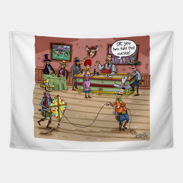 Cowboys flying a kite in a wild west saloon. Tapestry by macccc8