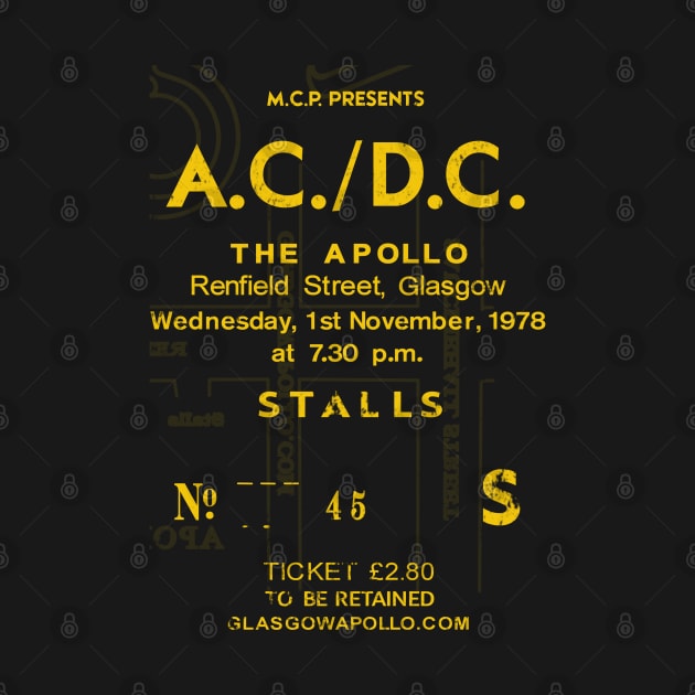 AC/DC 1st of November 1978 Glasgow Apollo UK Tour Ticket Repro Gold Text by RockitTees