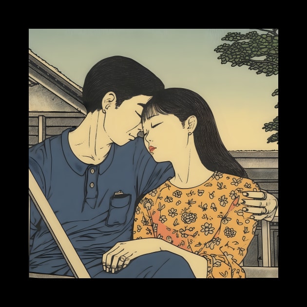 Pretty Asian Couple Hugging and Kissing on the Bench by KOTYA