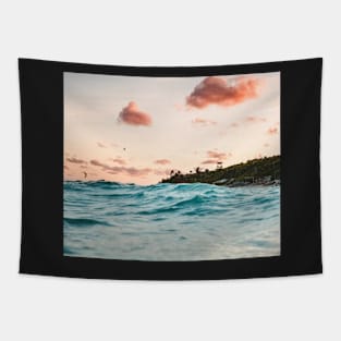 Vintage golden coastal skies Tapestry