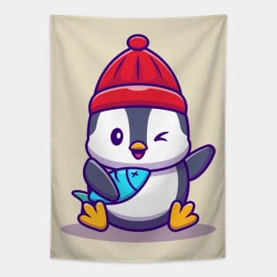 Cute Penguin With Fish Tapestry