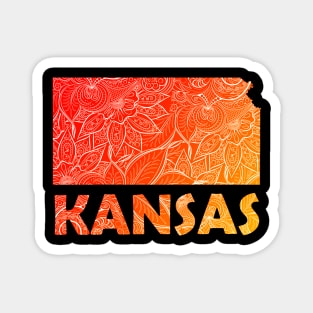 Colorful mandala art map of Kansas with text in red and orange Magnet