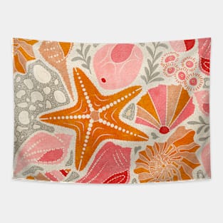 Just Beachy- Seashells Starfish on Sand- Beach Combers Delight- Orange Pink Tapestry