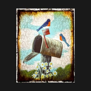 Bluebirds on a Mailbox, Full Frame Aged Faded Edge T-Shirt