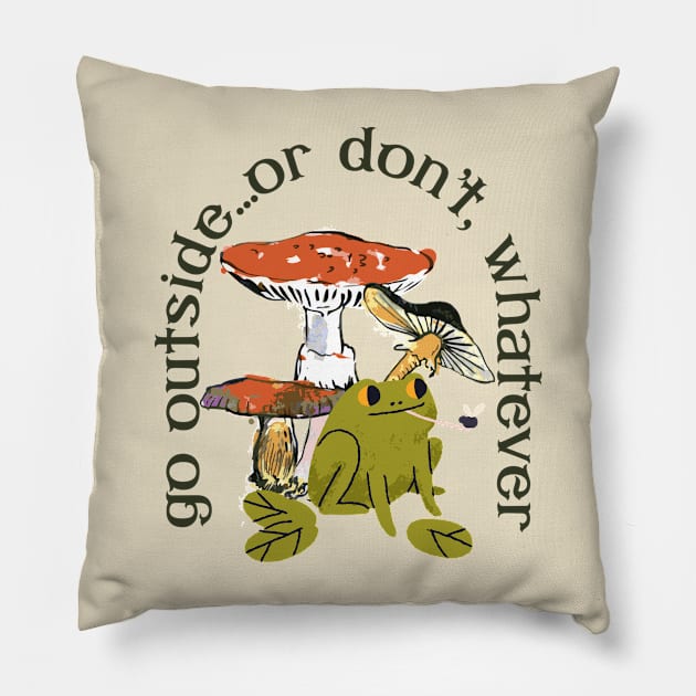 Go Outside...or don't, whatever Frog and Mushrooms Pillow by Perpetual Brunch