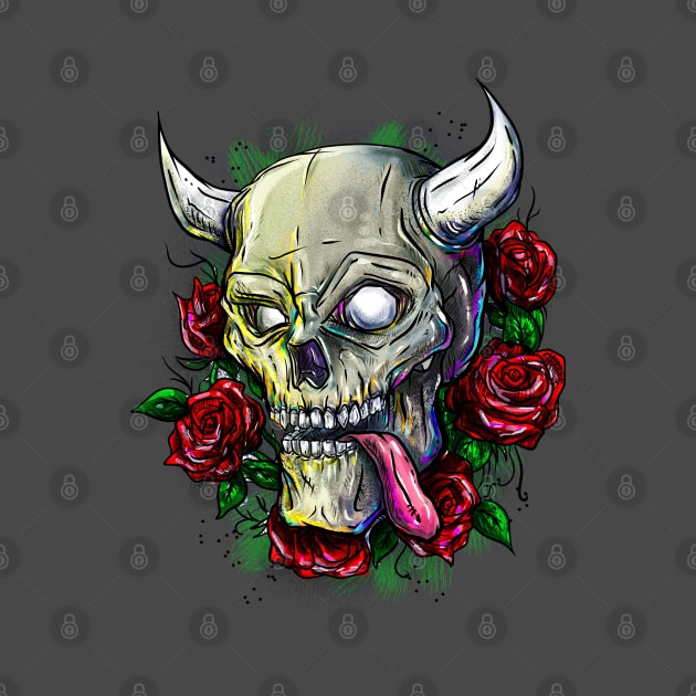 Skull with red roses by FerMinem