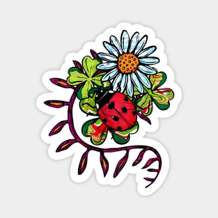 Red ladybug and white daisies on clover leaves Magnet