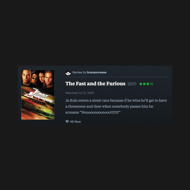 My letterboxd review of The Fast and the Furious (2001) that somebody told me was actually a review 2 Fast 2 Furious (2003) but it turns out I was right and it is a review of The Fast and the Furious (2001) by bransonreese