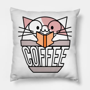 Cat in coffee cup with warped text reading book wearing glasses white and pink Pillow