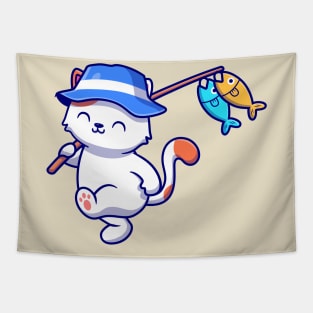 Cute Cat Fishing With Rods And Hat Tapestry
