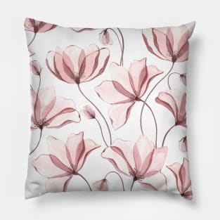 Translucent poppy watercolor ornate print. Transparent blush anemones. Spring floral romantic illustration Pillow