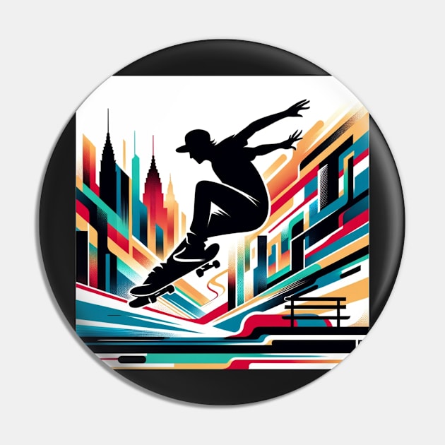 Street Leap: Silhouette Skate Against the Skyline Pin by heartyARTworks