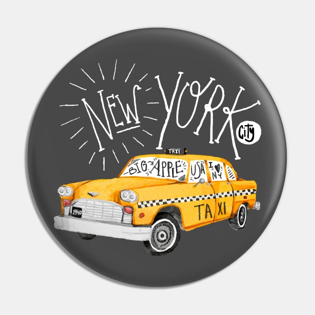 New York - Big Apple - yellow cab taxi T-Shirt Pin by kenrock