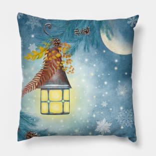 Antique streetlight and snowflakes watercolor illustration. Magic winter moon night. Autumn leaves, snow pine tree branch Pillow