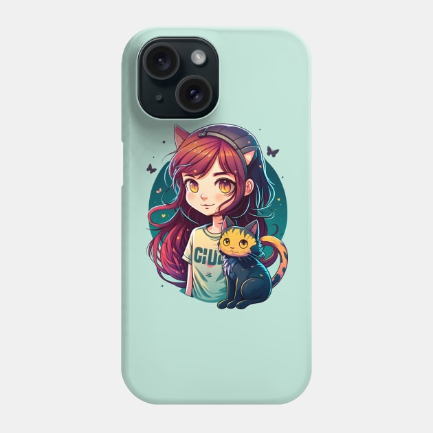 Girl & Cat Kawaii Anime Retro Cat Lover Phone Case by Ai Wanderer