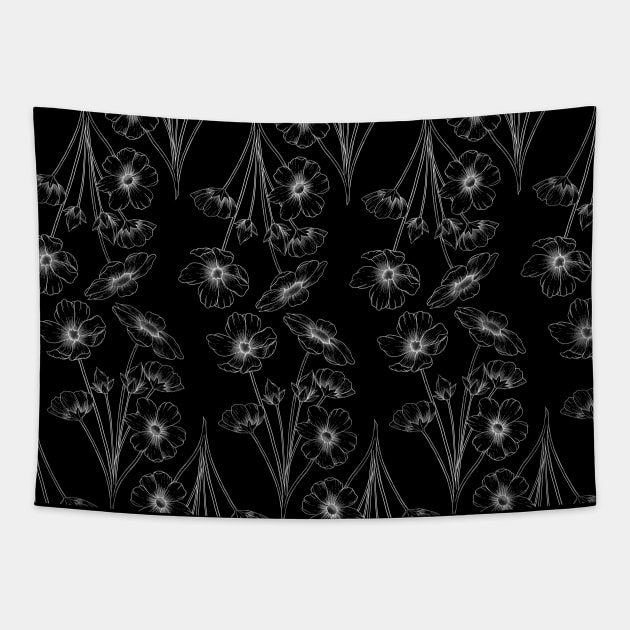 Cosmos Line Art Black Background Pattern Tapestry by GraphiscbyNel