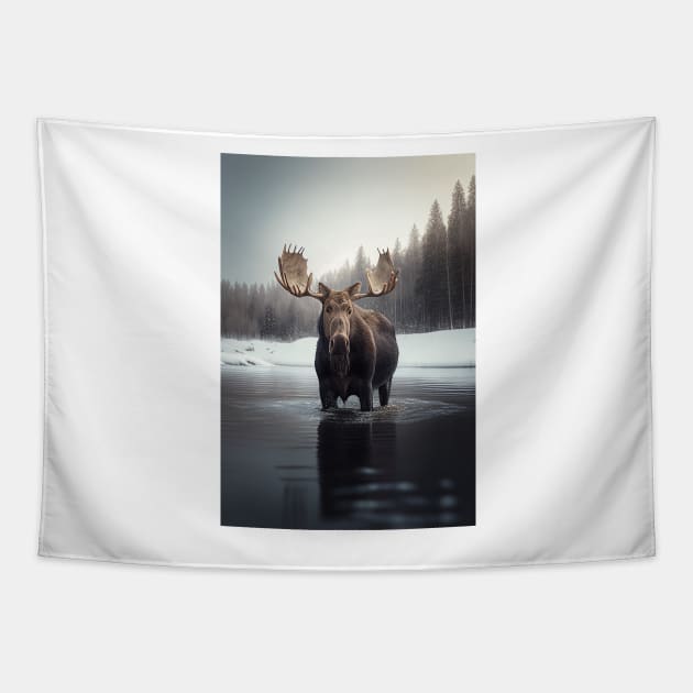 Serene Lake Reflection Nordic Winter Moose Minimalist Art Print Scandinavian Decor Tapestry by Abili-Tees