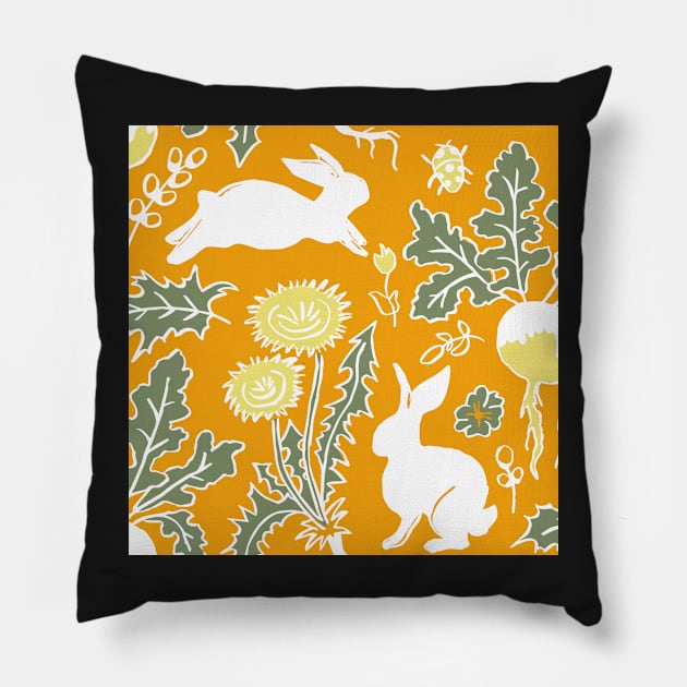 white rabbits in the vegetable garden on marigold background Pillow by colorofmagic