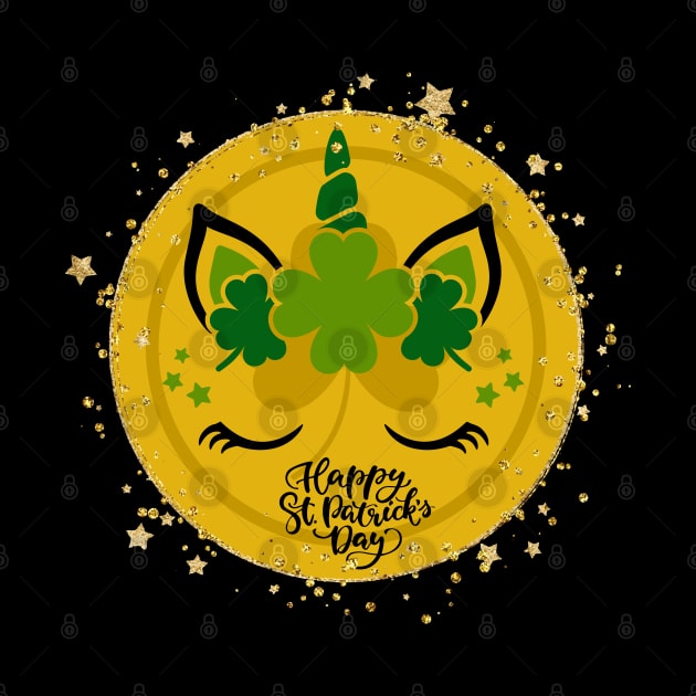 Unicorn with green clovers on a gold coin. Enjoy St. Paddy's Day! by UnCoverDesign