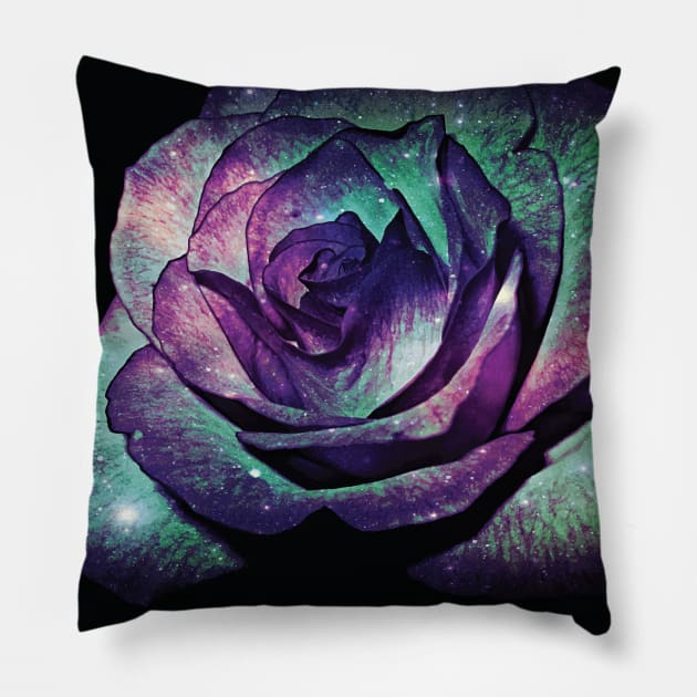 Floral Glitter Galaxy Purple Blue and Pink Rose Flower from Beautiful Blooming Botanical Garden in Nature with Minimal Style during Spring Summer Pillow by Little Shop of Nola