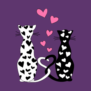white and black cats with pink hearts T-Shirt