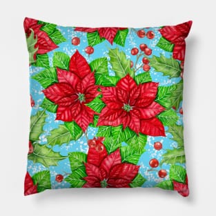 Poinsettia and holly berry watercolor Christmas pattern Pillow