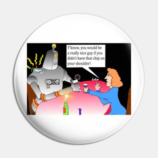 Robot and Woman Dining, CARTOON. Humorous Art. Pin