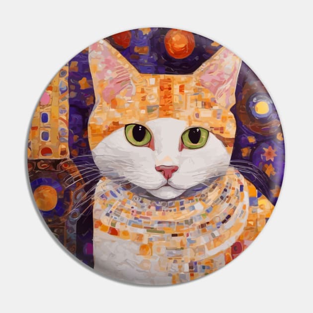 Gustav Klimt Style Tabby Cat Kitten with Green Eyes in a Starry Night Pin by bragova