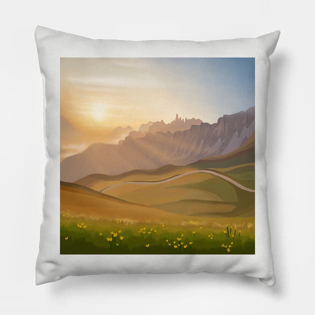 Golden Sunrise Over Hilly Green Fields and Yellow Tulips Landscape Digital Illustration Pillow by AlmightyClaire