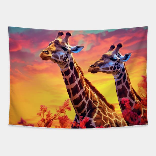 Giraffe Animal Wildlife Wilderness Colorful Realistic Illustration Tapestry by Cubebox