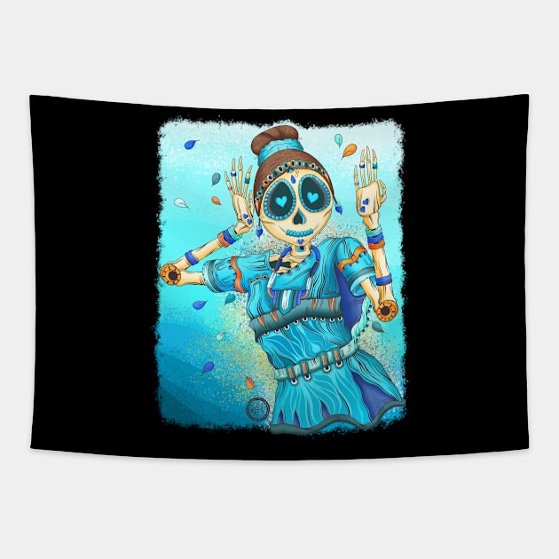 Cute Skeleton Lady - Dia De Los Muertos - Bharatanatyam Classical Indian Dancer Tapestry by Scriptnbones