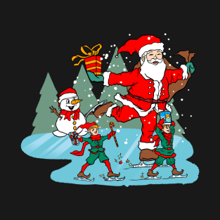 Happy Santa Claus Skating With Chritmas Elves T-Shirt