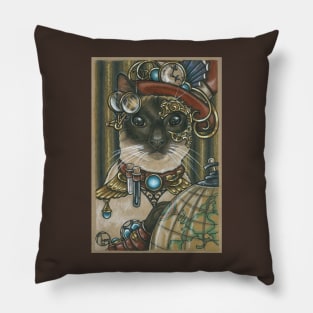 Steampunk Cat Traveler - Siamese Cat Pillow