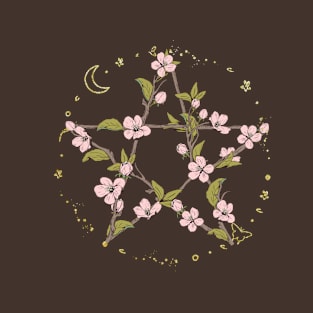 Cottagecore Witchcore Flowery Pentagram with Moons and Stars T-Shirt