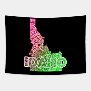 Colorful mandala art map of Idaho with text in pink and green Tapestry