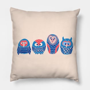 WOO HOO Owls Cute Funny Birds Forest Woodland Nature Wildlife in Blue Red Pink Cream - UnBlink Studio by Jackie Tahara Pillow